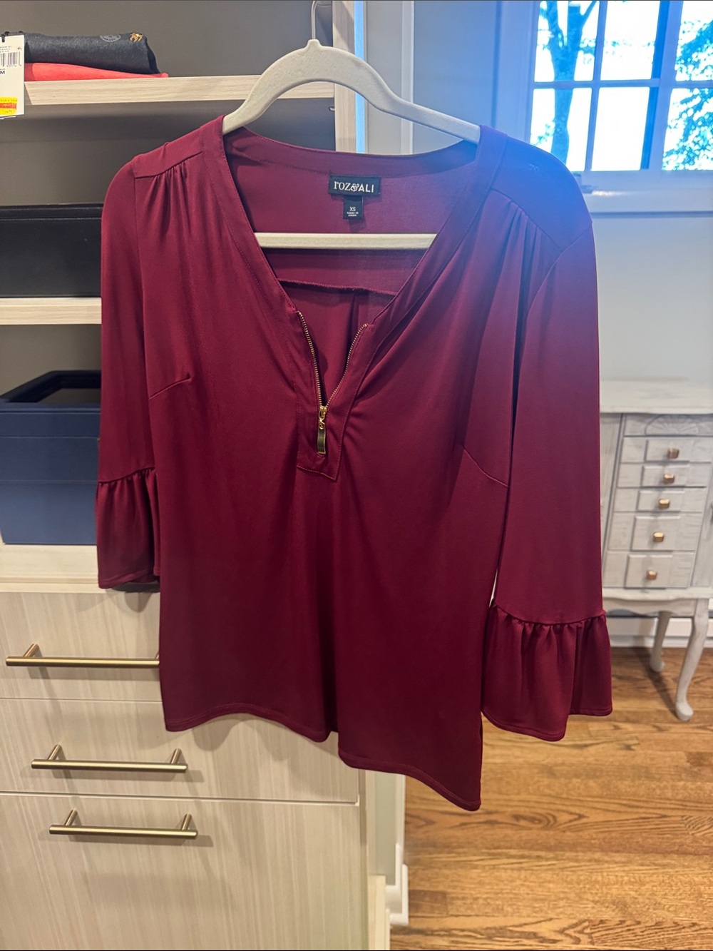 Roz & Ali Women's Wine Zip-Front Ruffle Sleeve Blouse